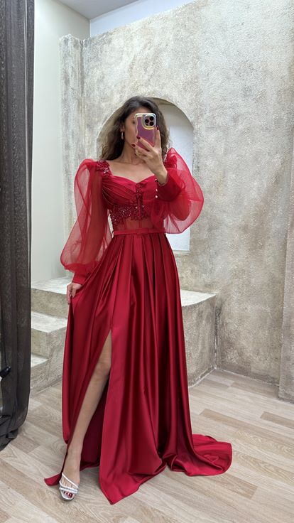 Red Balloon Sleeve Transparent Embroidered Satin Evening Dress