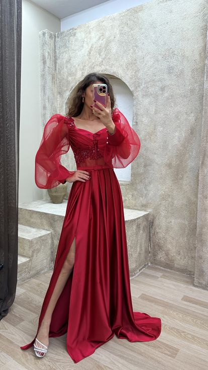 Red Balloon Sleeve Transparent Embroidered Satin Evening Dress