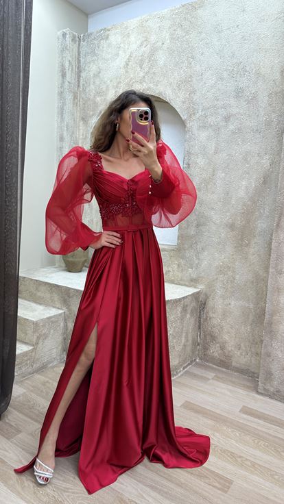 Red Balloon Sleeve Transparent Embroidered Satin Evening Dress