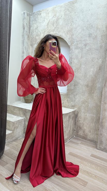 Red Balloon Sleeve Transparent Embroidered Satin Evening Dress