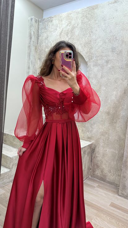 Red Balloon Sleeve Transparent Embroidered Satin Evening Dress