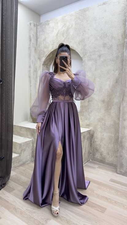 Lilac Balloon Sleeve Transparent Embroidered Satin Evening Dress