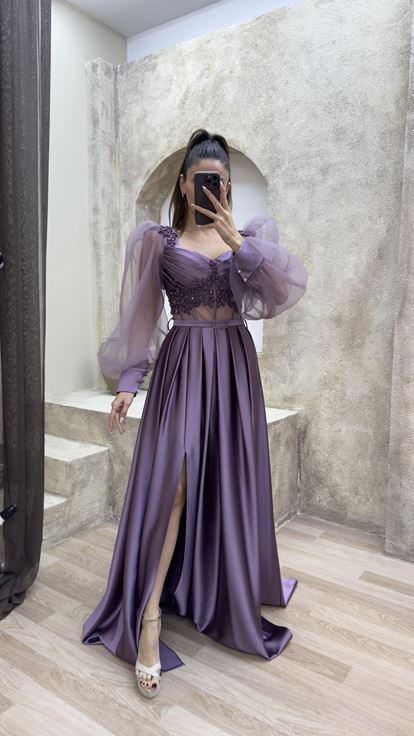 Lilac Balloon Sleeve Transparent Embroidered Satin Evening Dress