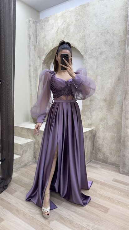 Lilac Balloon Sleeve Transparent Embroidered Satin Evening Dress