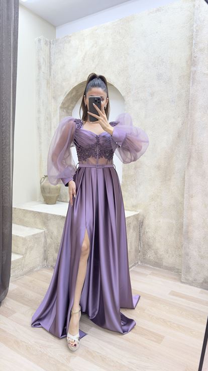 Lilac Balloon Sleeve Transparent Embroidered Satin Evening Dress