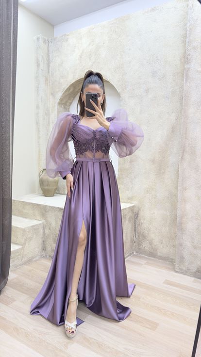 Lilac Balloon Sleeve Transparent Embroidered Satin Evening Dress