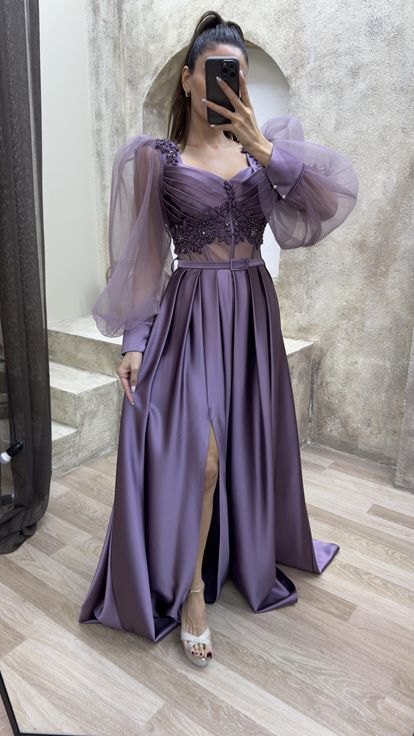 Lilac Balloon Sleeve Transparent Embroidered Satin Evening Dress