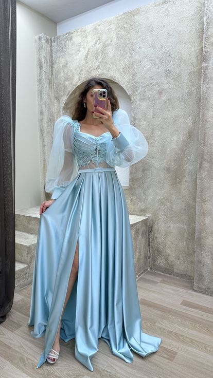 Mint Green Balloon Sleeve Transparent Embroidered Satin Evening Dress