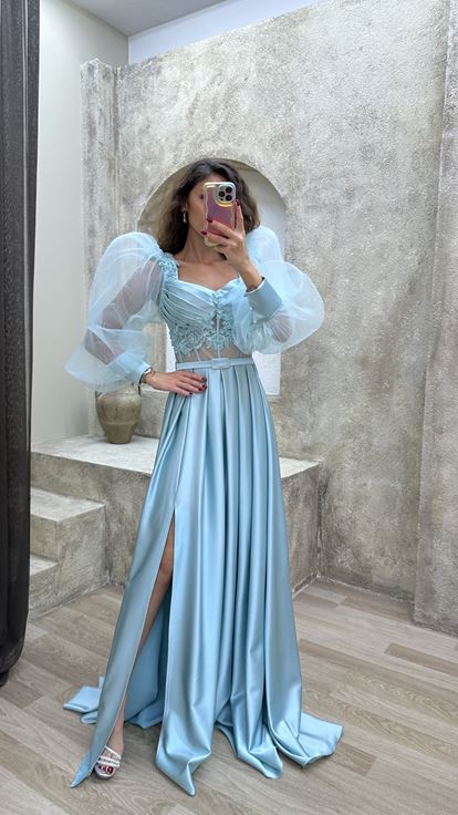 Mint Green Balloon Sleeve Transparent Embroidered Satin Evening Dress