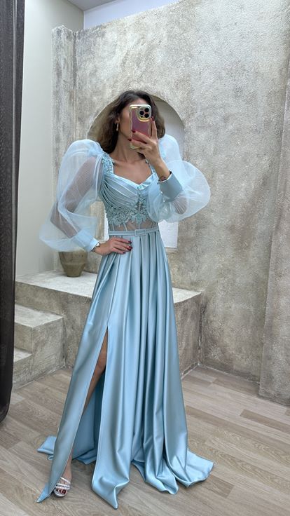 Mint Green Balloon Sleeve Transparent Embroidered Satin Evening Dress