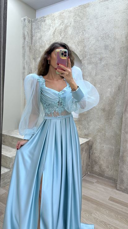 Mint Green Balloon Sleeve Transparent Embroidered Satin Evening Dress