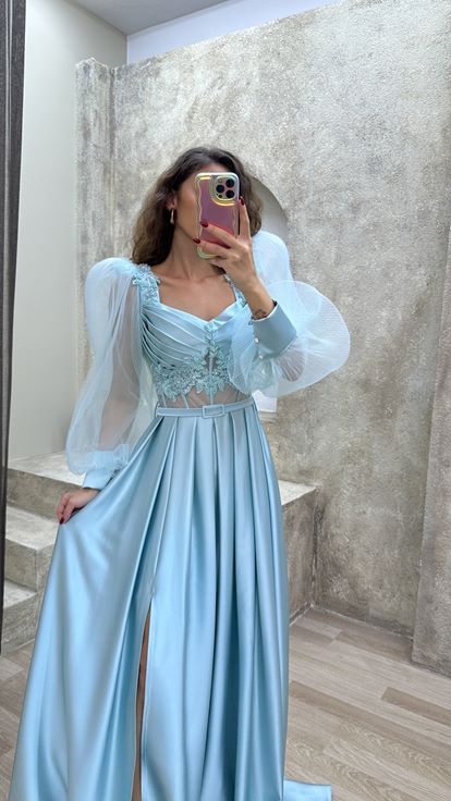 Mint Green Balloon Sleeve Transparent Embroidered Satin Evening Dress