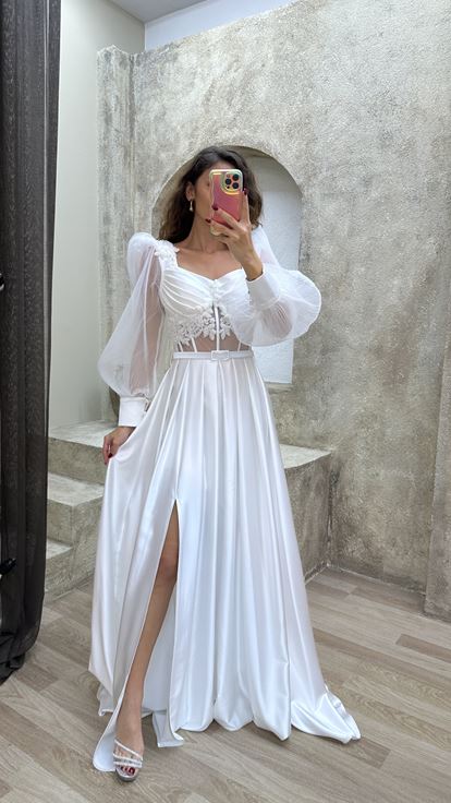 White Balloon Sleeve Transparent Embroidered Satin Evening Dress