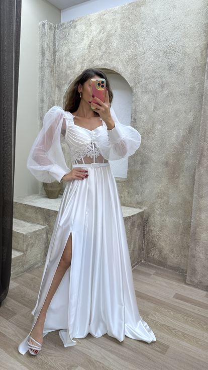 White Balloon Sleeve Transparent Embroidered Satin Evening Dress