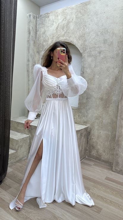 White Balloon Sleeve Transparent Embroidered Satin Evening Dress