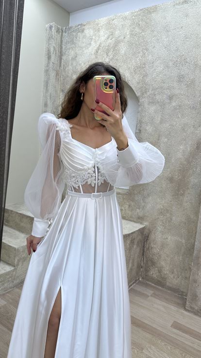 White Balloon Sleeve Transparent Embroidered Satin Evening Dress