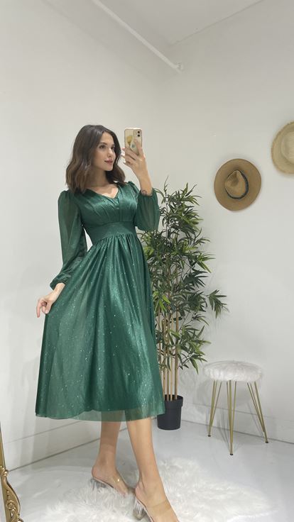 Yeşil Simli Tül Abiye Elbise