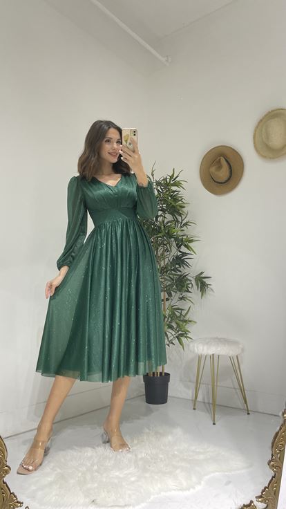 Yeşil Simli Tül Abiye Elbise