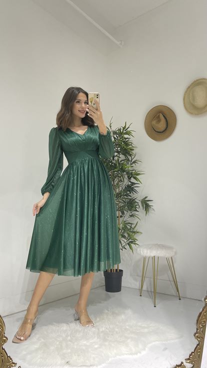 Yeşil Simli Tül Abiye Elbise