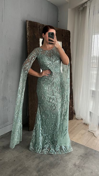 Mint Green Embroidered Detail Design Plus Size Evening Dress