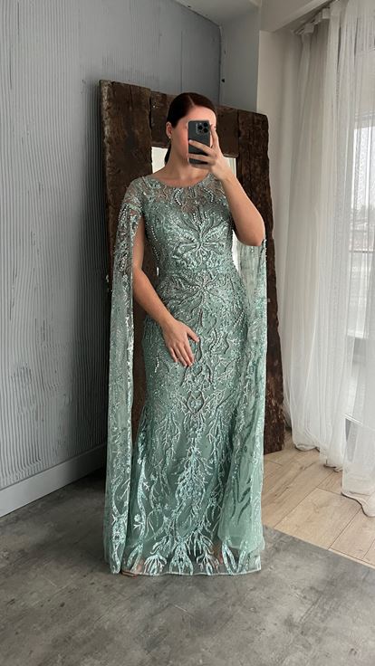 Mint Green Embroidered Detail Design Plus Size Evening Dress