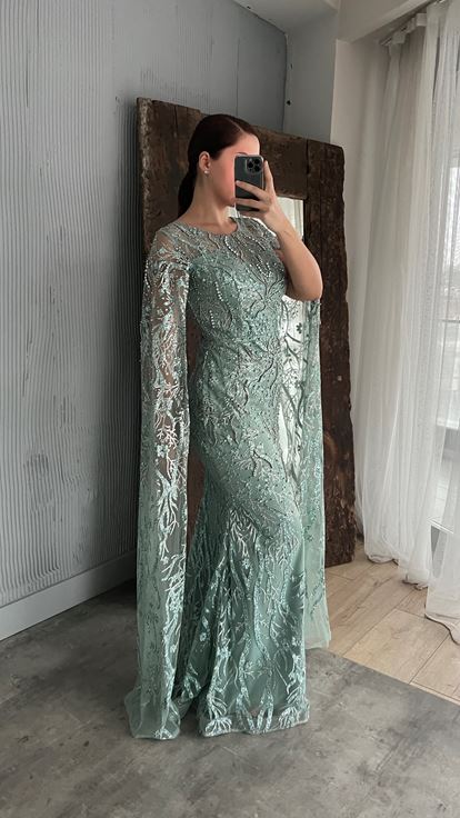 Mint Green Embroidered Detail Design Plus Size Evening Dress