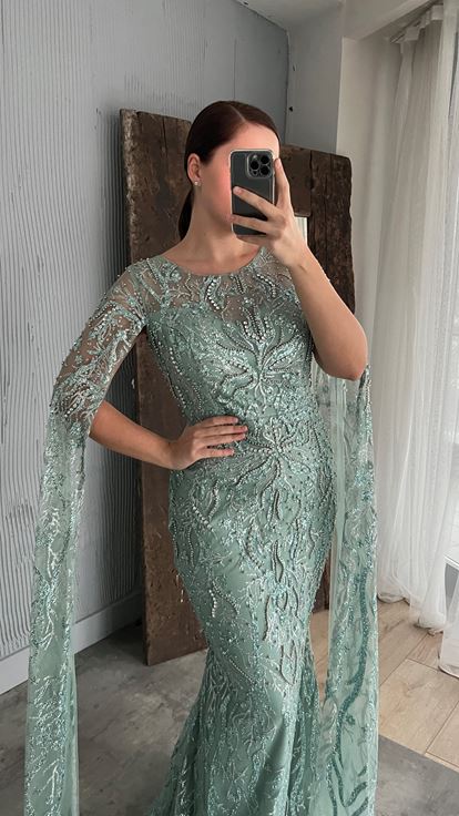 Mint Green Embroidered Detail Design Plus Size Evening Dress
