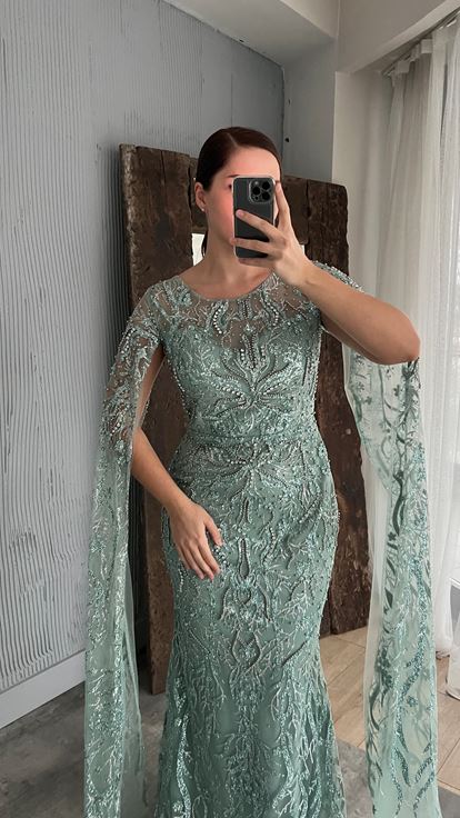Mint Green Embroidered Detail Design Plus Size Evening Dress
