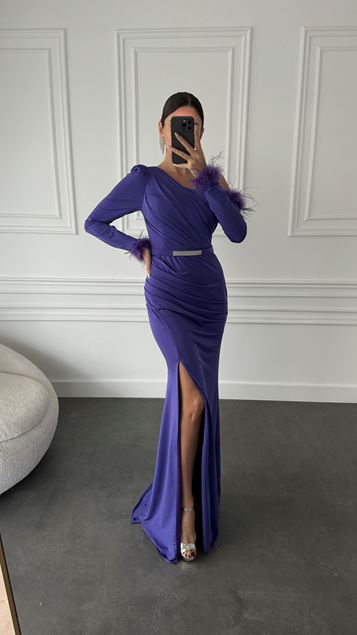 Lilac Single Sleeve Gather Detail Feathered Design Evening Dress Lilac Single Sleeve Gather Detail Feathered Design Evening Dress