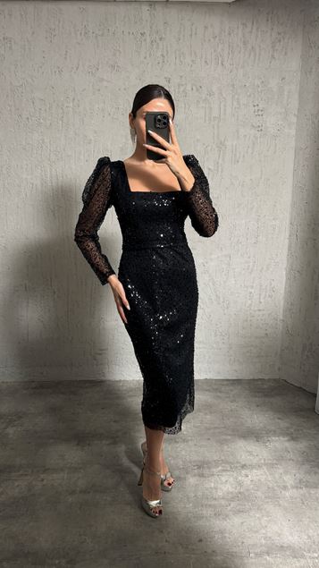 Black U-Neck Embroidered Design Midi Dress