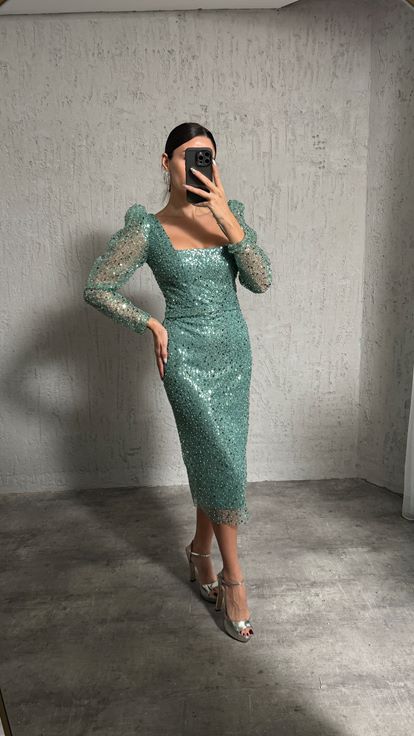Mint Green U-Neck Embroidered Design Midi Dress