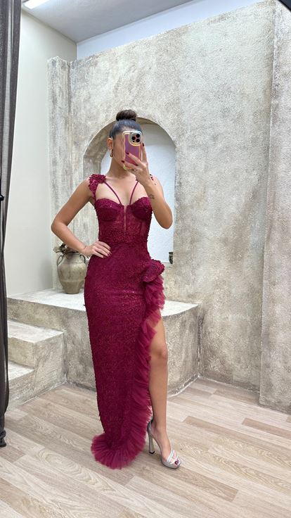 Red Shoulder Detail Slit Ruffle Evening Dress