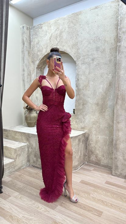 Red Shoulder Detail Slit Ruffle Evening Dress