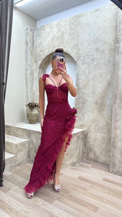 Red Shoulder Detail Slit Ruffle Evening Dress