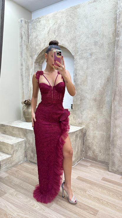 Red Shoulder Detail Slit Ruffle Evening Dress