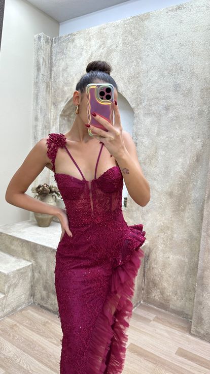 Red Shoulder Detail Slit Ruffle Evening Dress