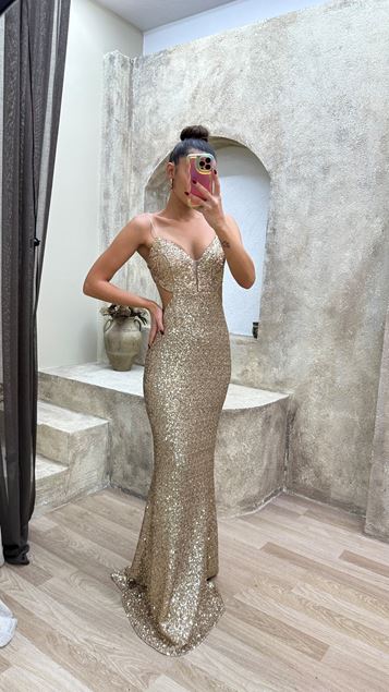 Beige Rope Strap Back Detail Design Sequin Dress