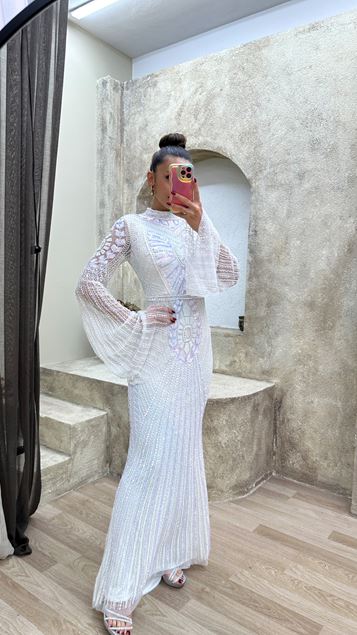 Turquoise Sleeve Detail Special Design Embroidered Evening Dress