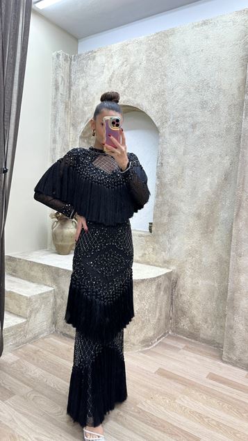 Black Tassel Detail Special Design Evening Dress