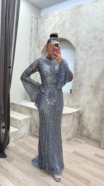 Gray Sleeve Detail Special Design Embroidered Evening Dress