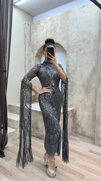 Gray Spanish Sleeve Special Design Embroidered Evening Dress