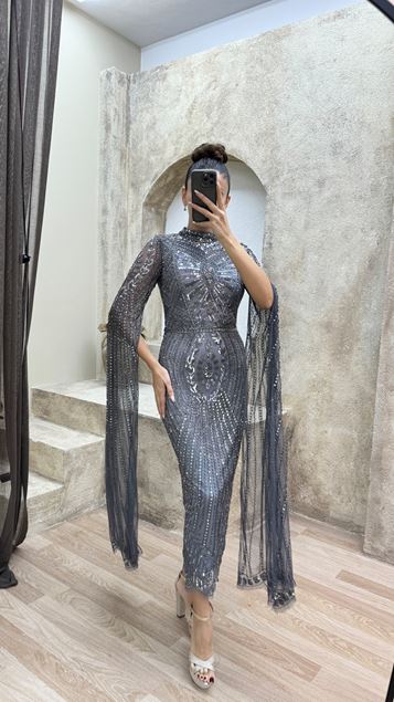 Gray Cape Sleeve Special Design Embroidered Evening Dress