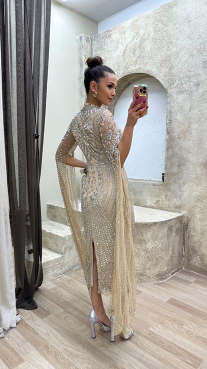 Bej Pelerin Kol Özel Tasarım İşlemeli Abiye Elbise