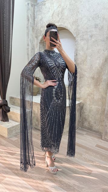 Black Sleeve Detail Special Embroidered Design Evening Dress