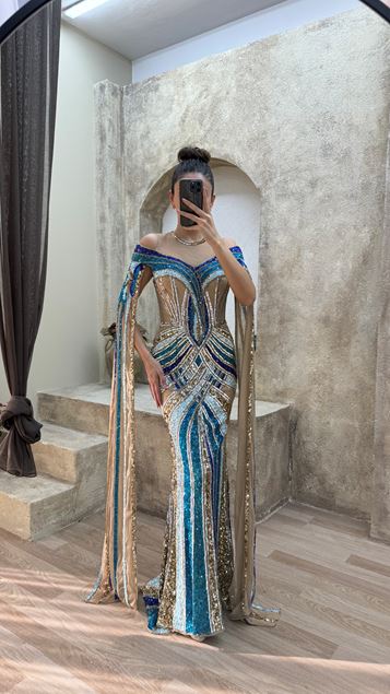 Turquoise Shoulder Detail Special Embroidered Design Evening Dress