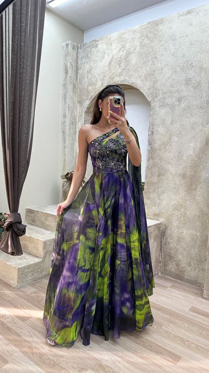 Purple Single Sleeve Pleated Embroidery Detail Design Dress