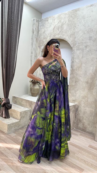 Purple Single Sleeve Pleated Embroidery Detail Design Dress