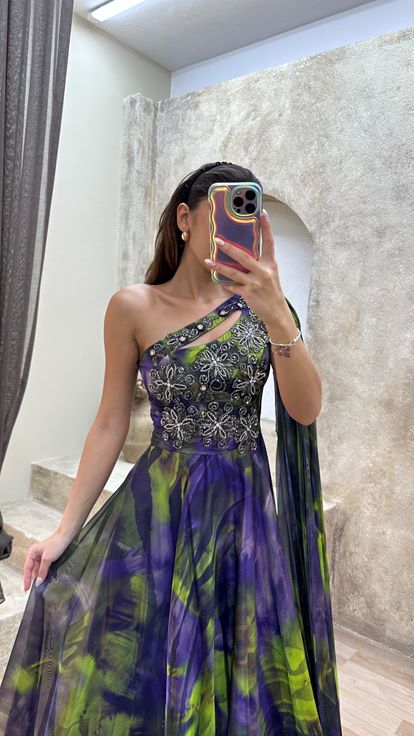 Purple Single Sleeve Pleated Embroidery Detail Design Dress