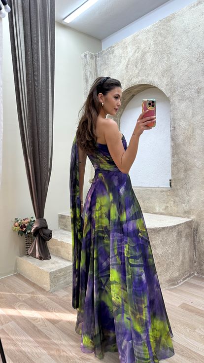 Purple Single Sleeve Pleated Embroidery Detail Design Dress