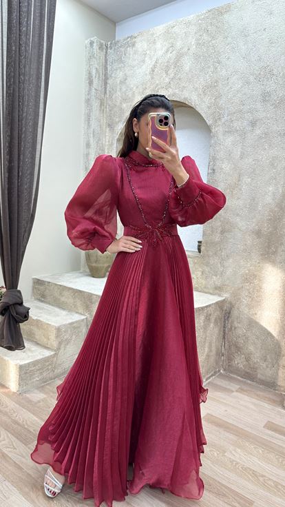 Fuchsia Balloon Sleeve Pleated Design Satin Dress